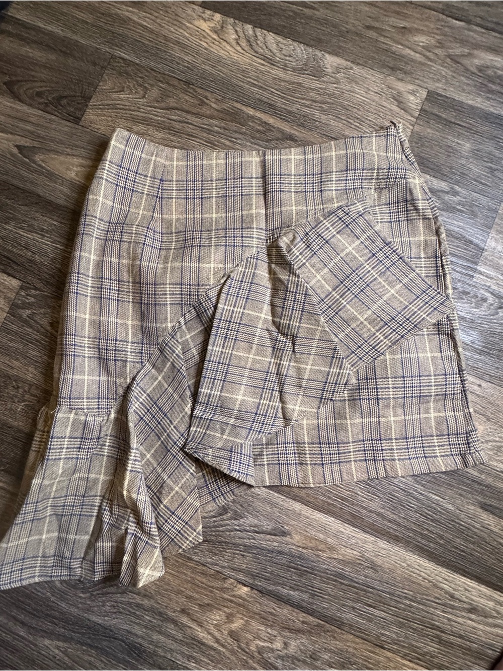 Hayden Taupe & Navy Asymmetrical Plaid Mini Skirt